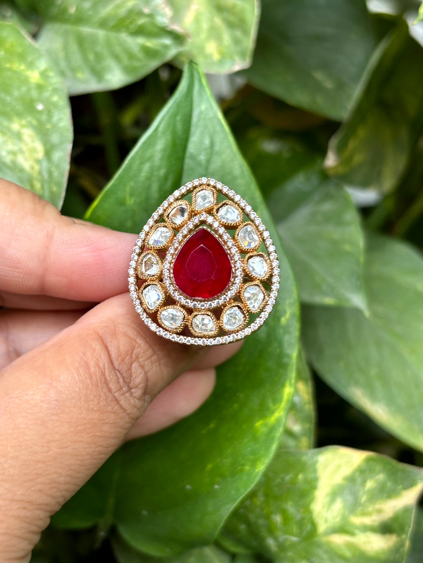 Ruby Teardrop Moissanite Adjustable Ring -