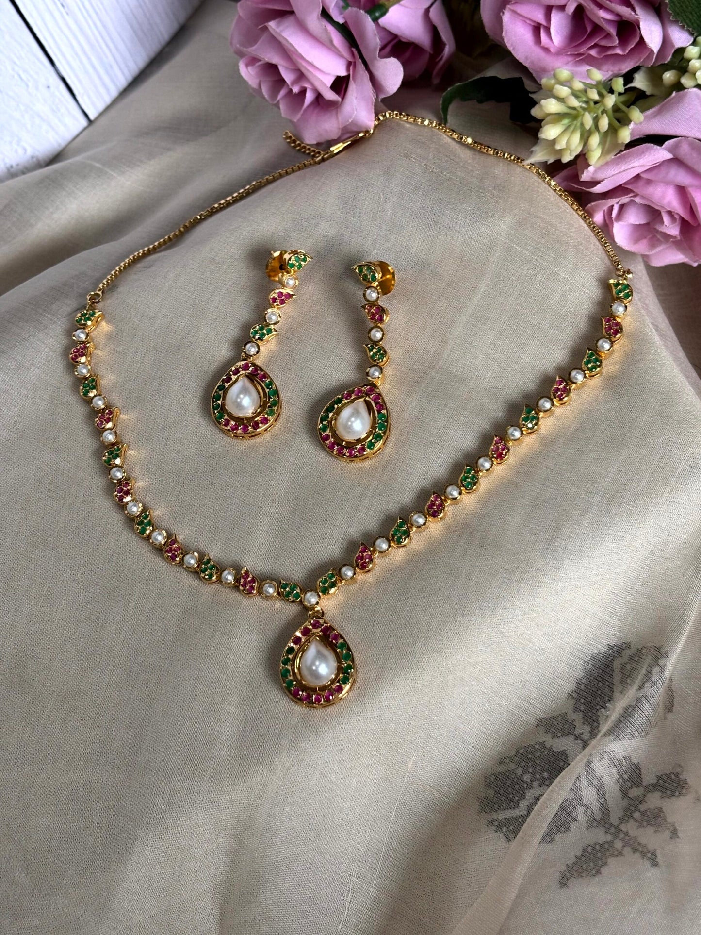 Diya Jadau Drop Necklace Set - A-25-N-O-11SBD-BJ