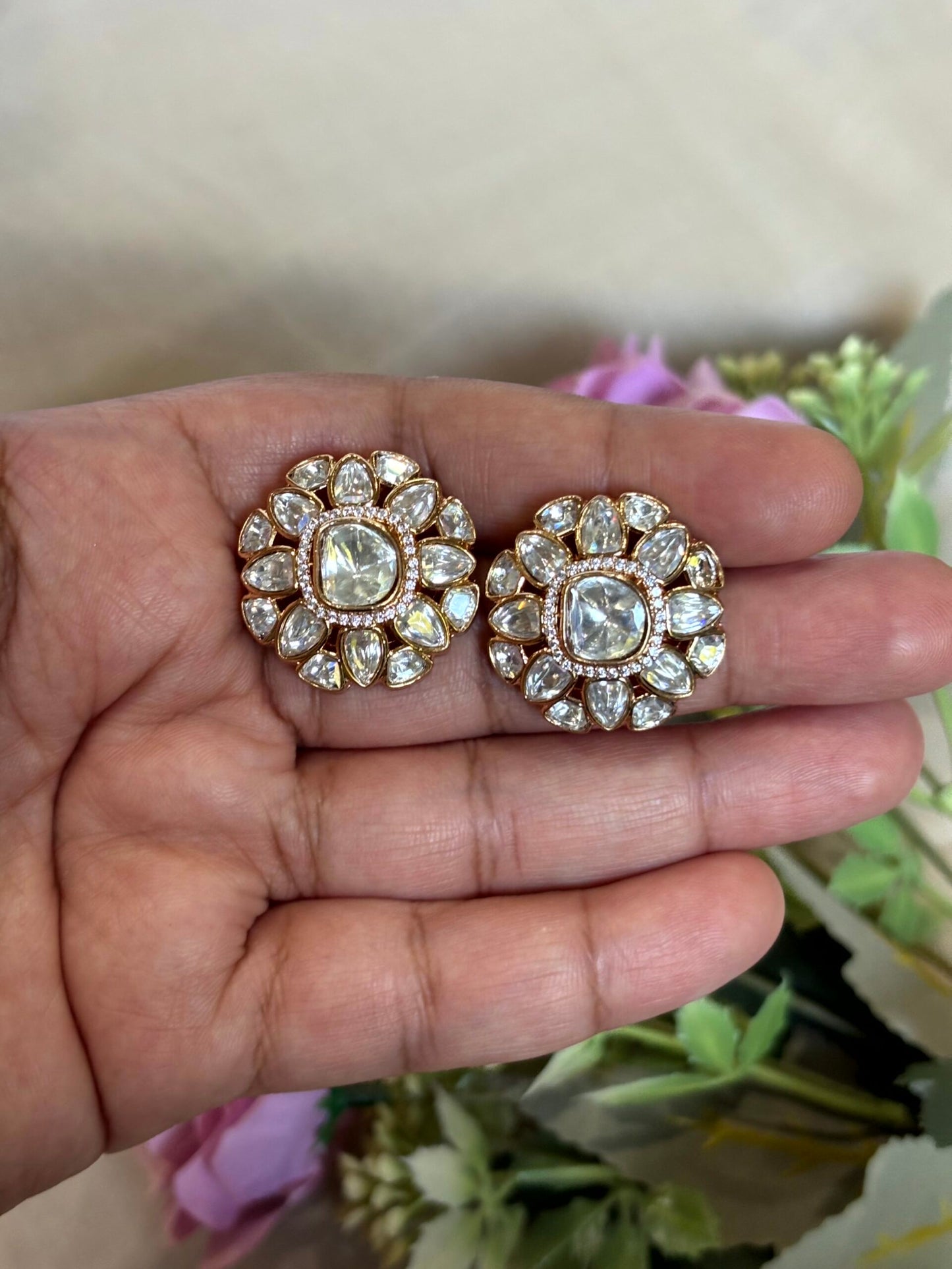 Rhea Floral Polki Moissanite Studs -