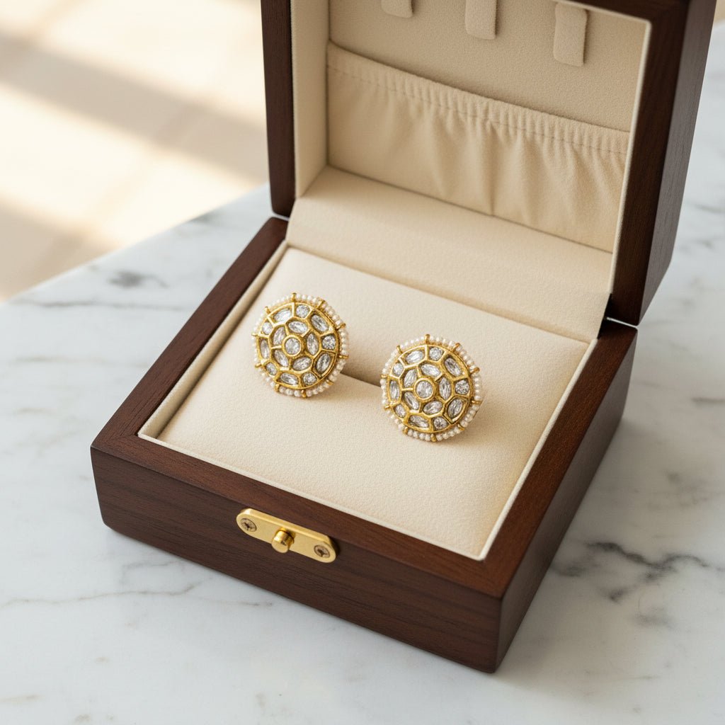 Myra Pearl Polki Moissanite Stud Earrings -