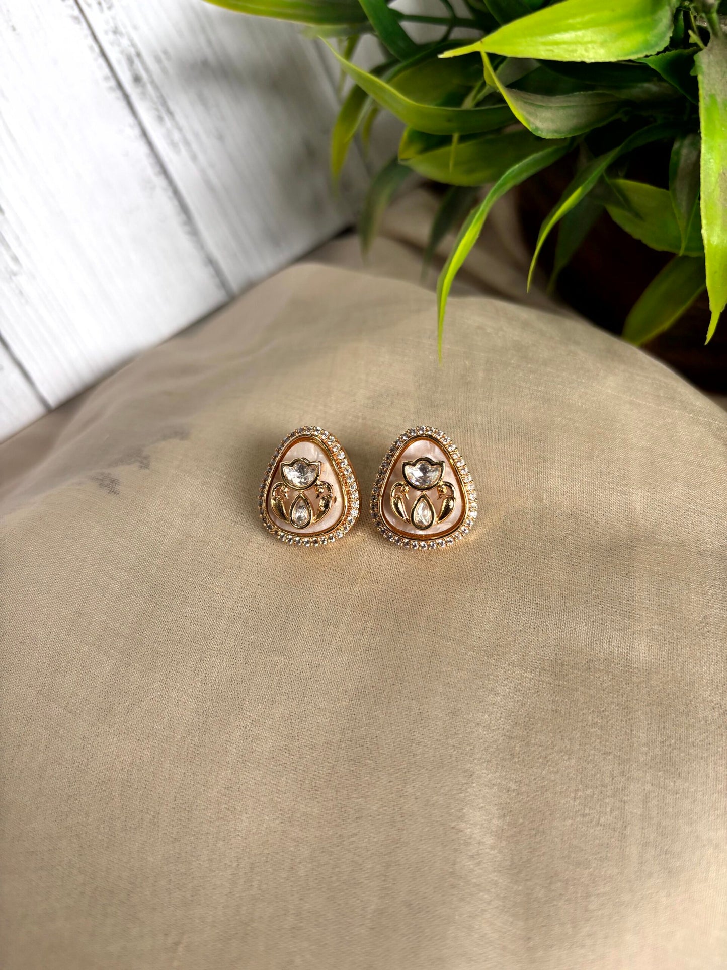 Anvi Milky Beige Polki Moissanite Stud Earrings -
