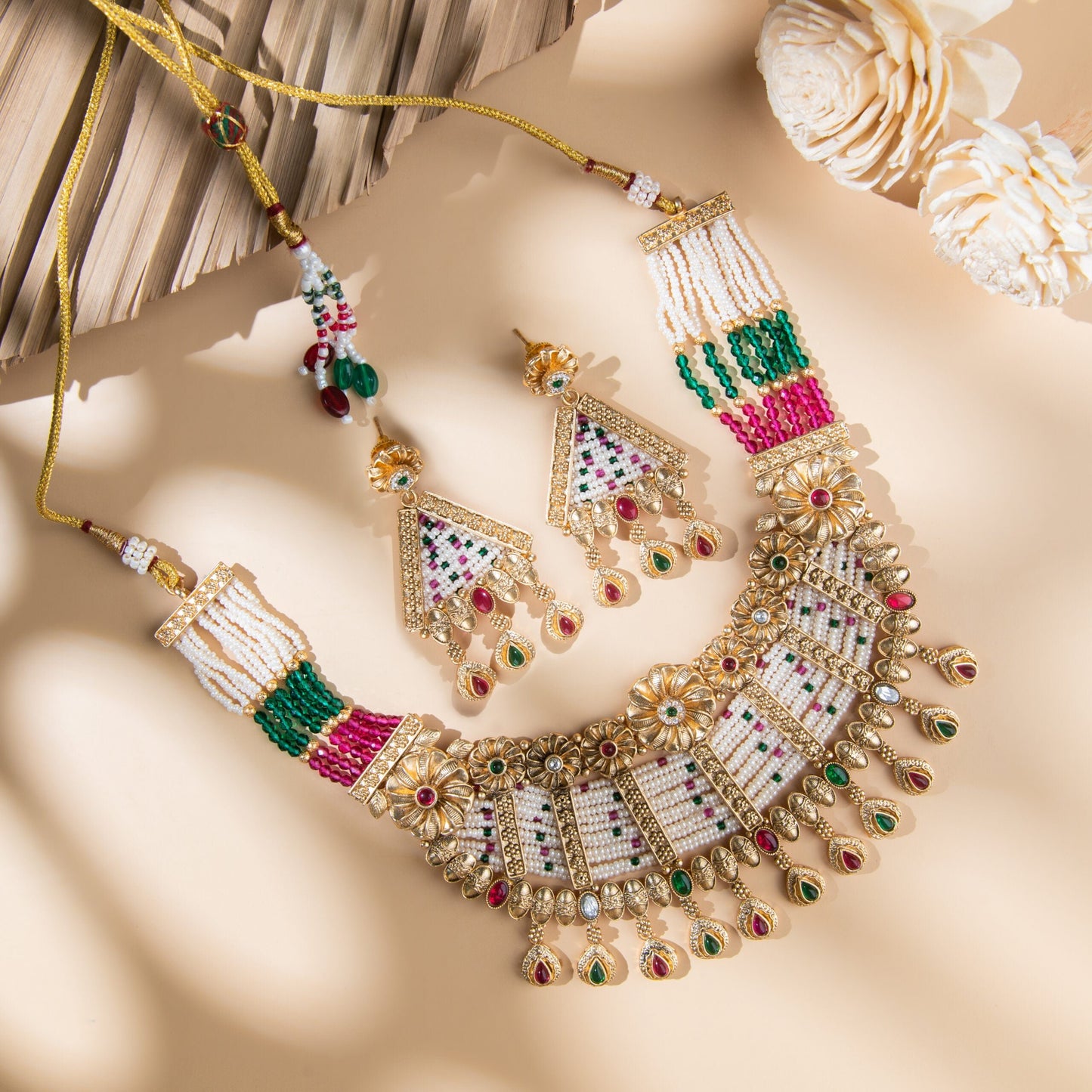 Rajwada Flower Necklace Set - N-24-N-O-1NKHY-VJ