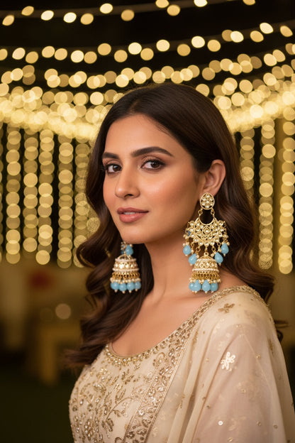 Ziya Aqua Kundan Bloom Jhumkas - 