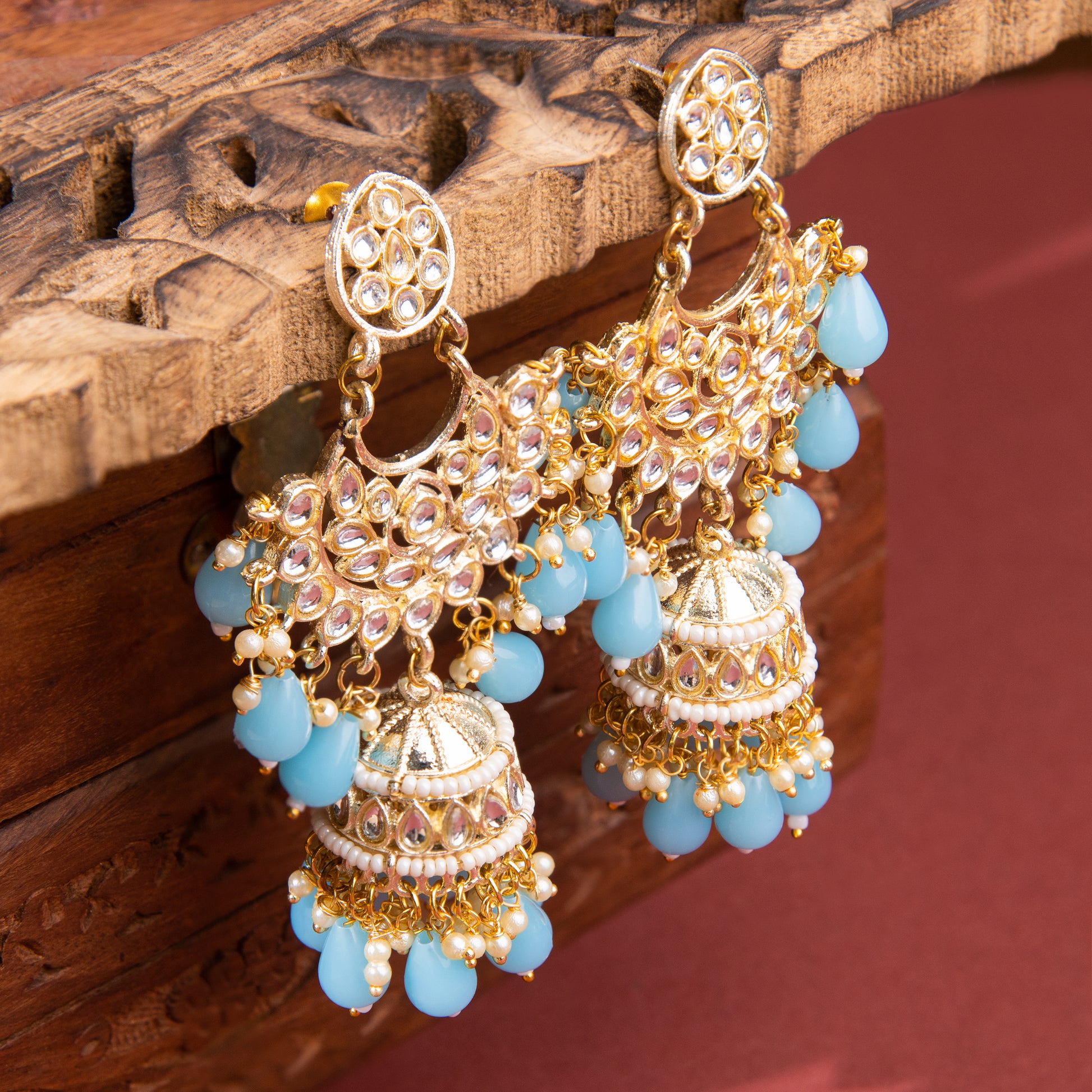 Ziya Aqua Kundan Bloom Jhumkas - 