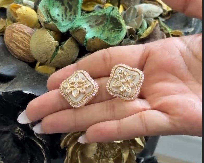Aarohi Champagne Beige Polki Moissanite Stud Earrings - 