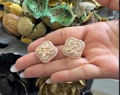 Aarohi Champagne Beige Polki Moissanite Stud Earrings - 