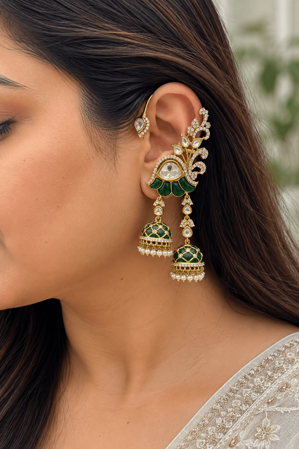 Kiara Emerald Floral Jhumka Ear Cuffs - 