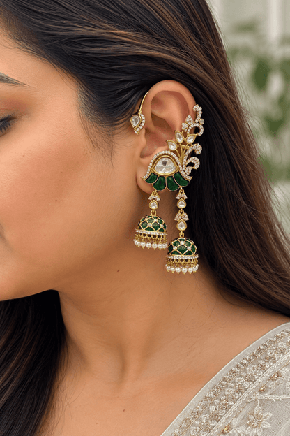 Kiara Emerald Floral Jhumka Ear Cuffs - 