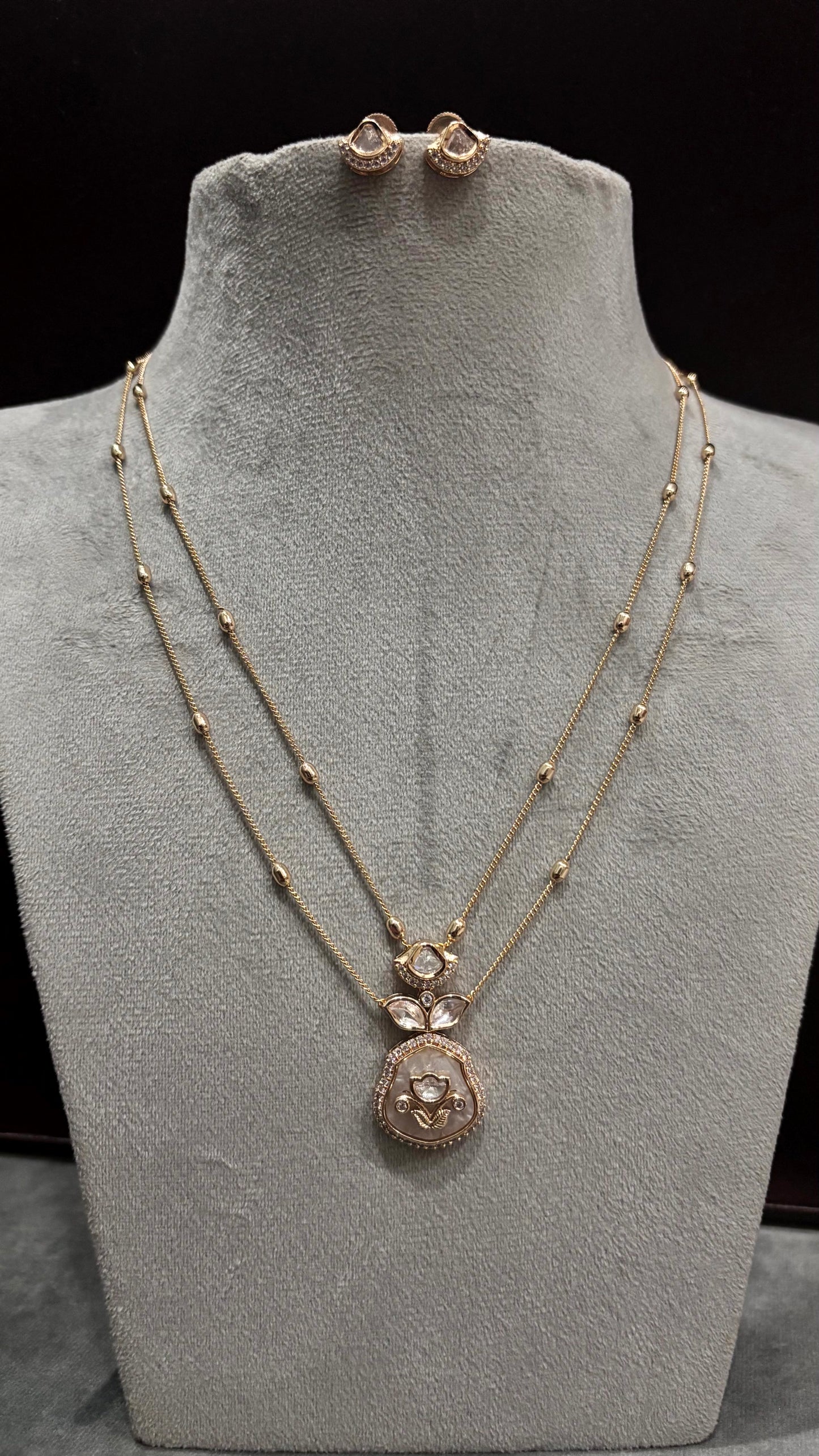 Anvika Beige Floral Moissanite Pendant Necklace Set