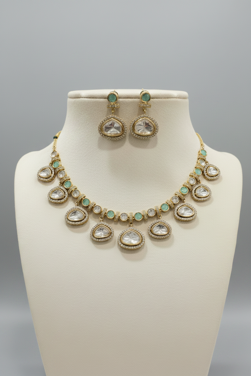 Vaanika Mint Royale Moissanite Necklace Set - 
