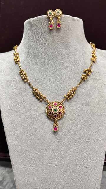 Vamika Ruby Emerald Temple Necklace Set - 