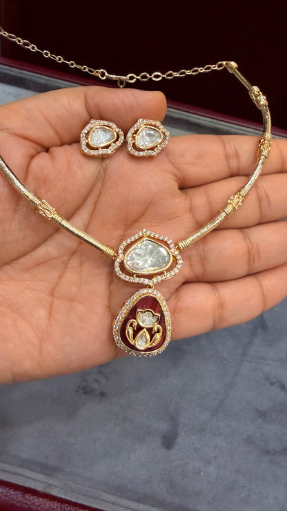 Aarna Maroon Moissanite Hasli Necklace Set