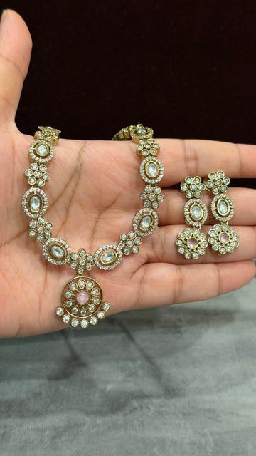Anvika Floral Blush Pink Moissanite Necklace Set