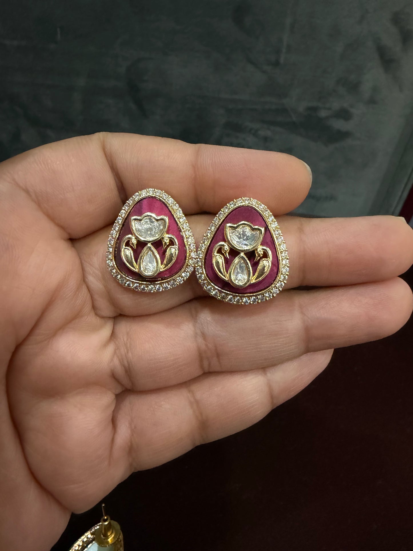 Anvi Maroon Polki Moissanite Stud Earrings