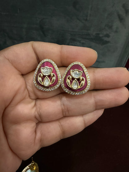 Anvi Maroon Polki Moissanite Stud Earrings