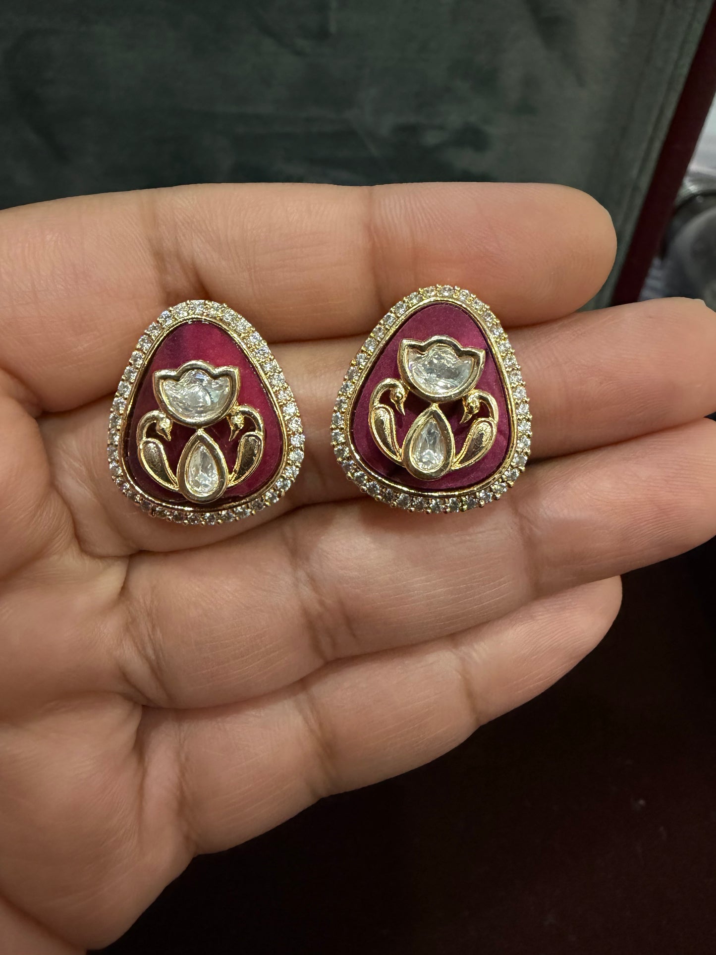 Anvi Maroon Polki Moissanite Stud Earrings