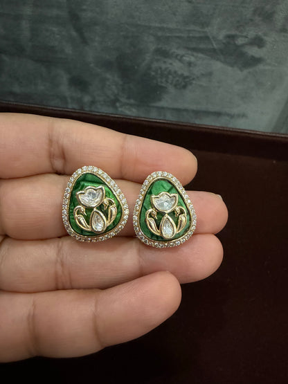 Anvi Cobalt Green Polki Moissanite Stud Earrings