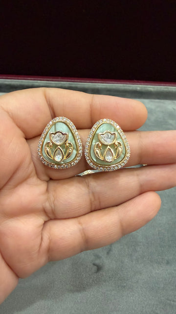 Anvi Mint Green Polki Moissanite Stud Earrings