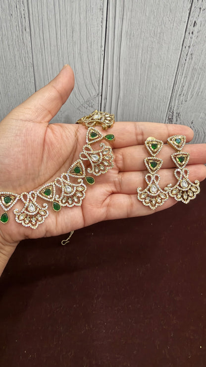 Aaradhya Emerald Floral Moissanite Necklace Set