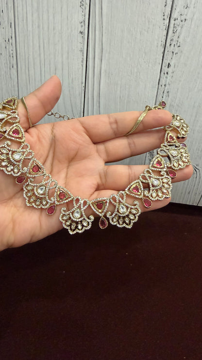 Aaradhya Ruby Floral Moissanite Necklace Set