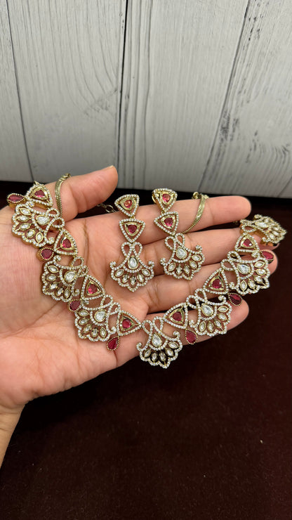 Aaradhya Ruby Floral Moissanite Necklace Set