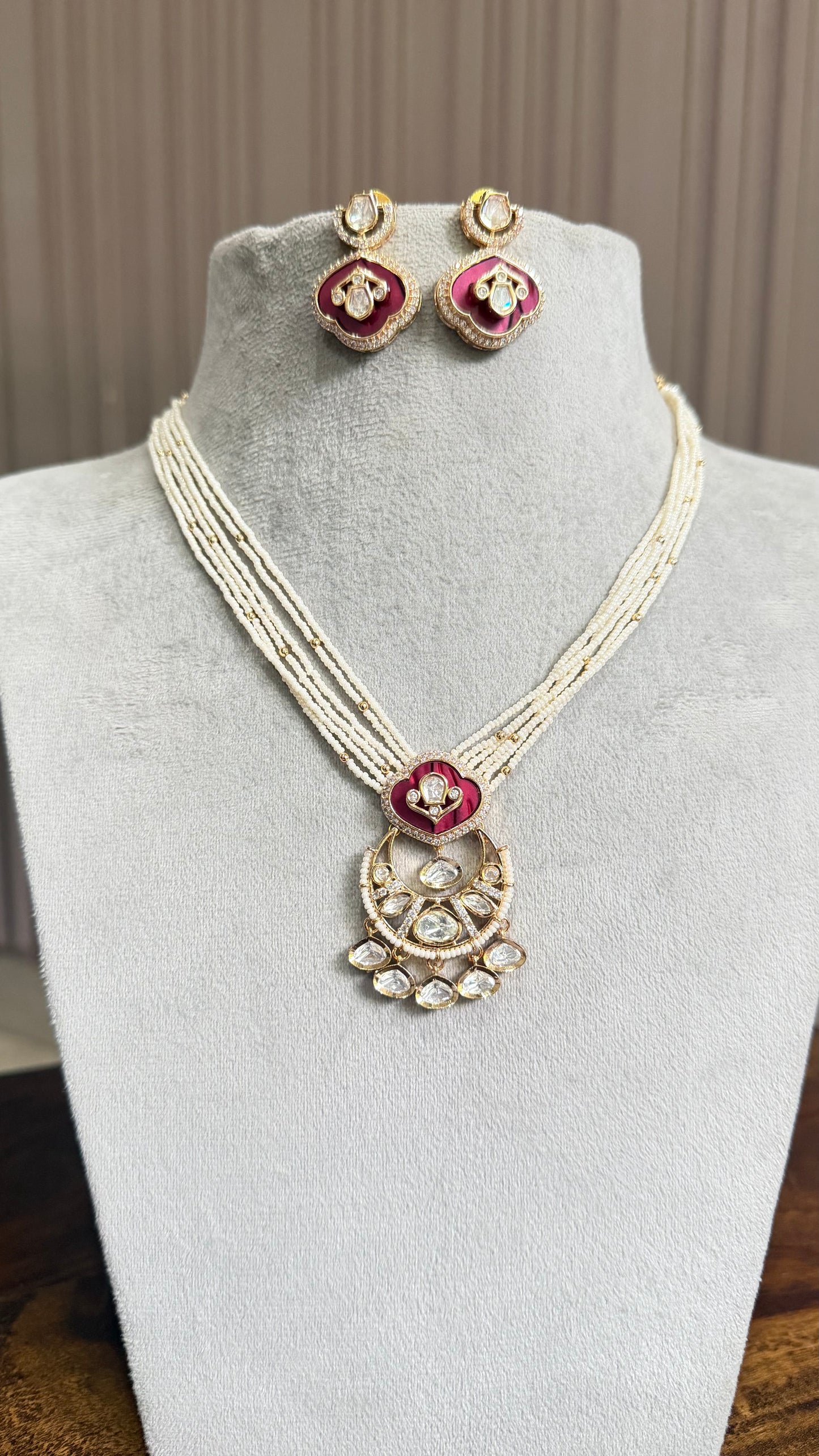 Eshna Ruby Pearl Moissanite Necklace Set