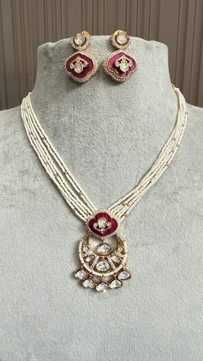 Eshna Ruby Pearl Moissanite Necklace Set