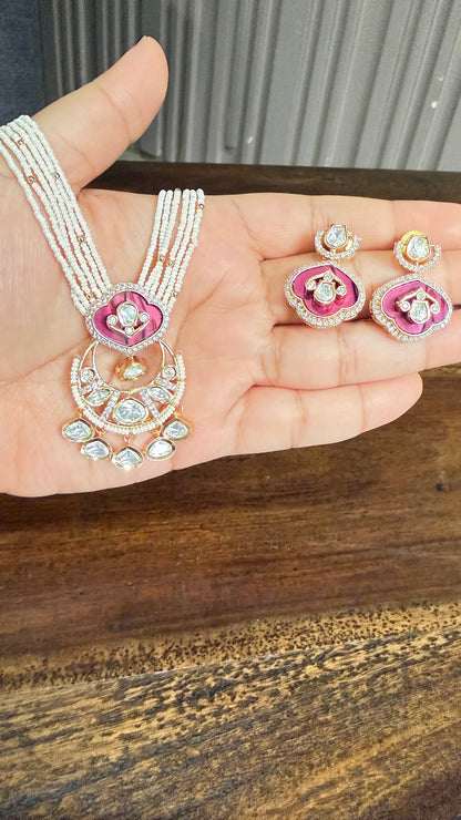Eshna Ruby Pearl Moissanite Necklace Set