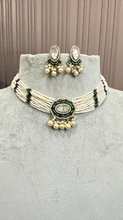 Ruhani Emerald Pearl Moissanite Necklace Set