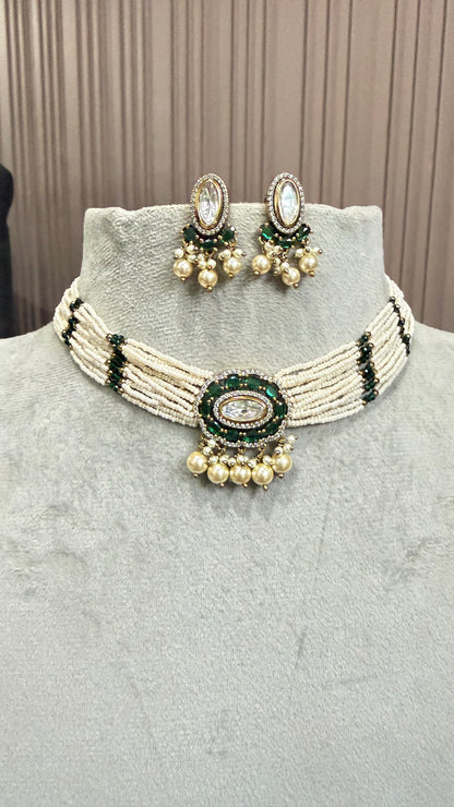 Ruhani Emerald Pearl Moissanite Necklace Set