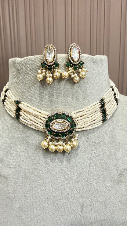 Ruhani Emerald Pearl Moissanite Necklace Set