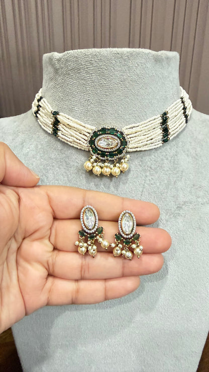 Ruhani Emerald Pearl Moissanite Necklace Set