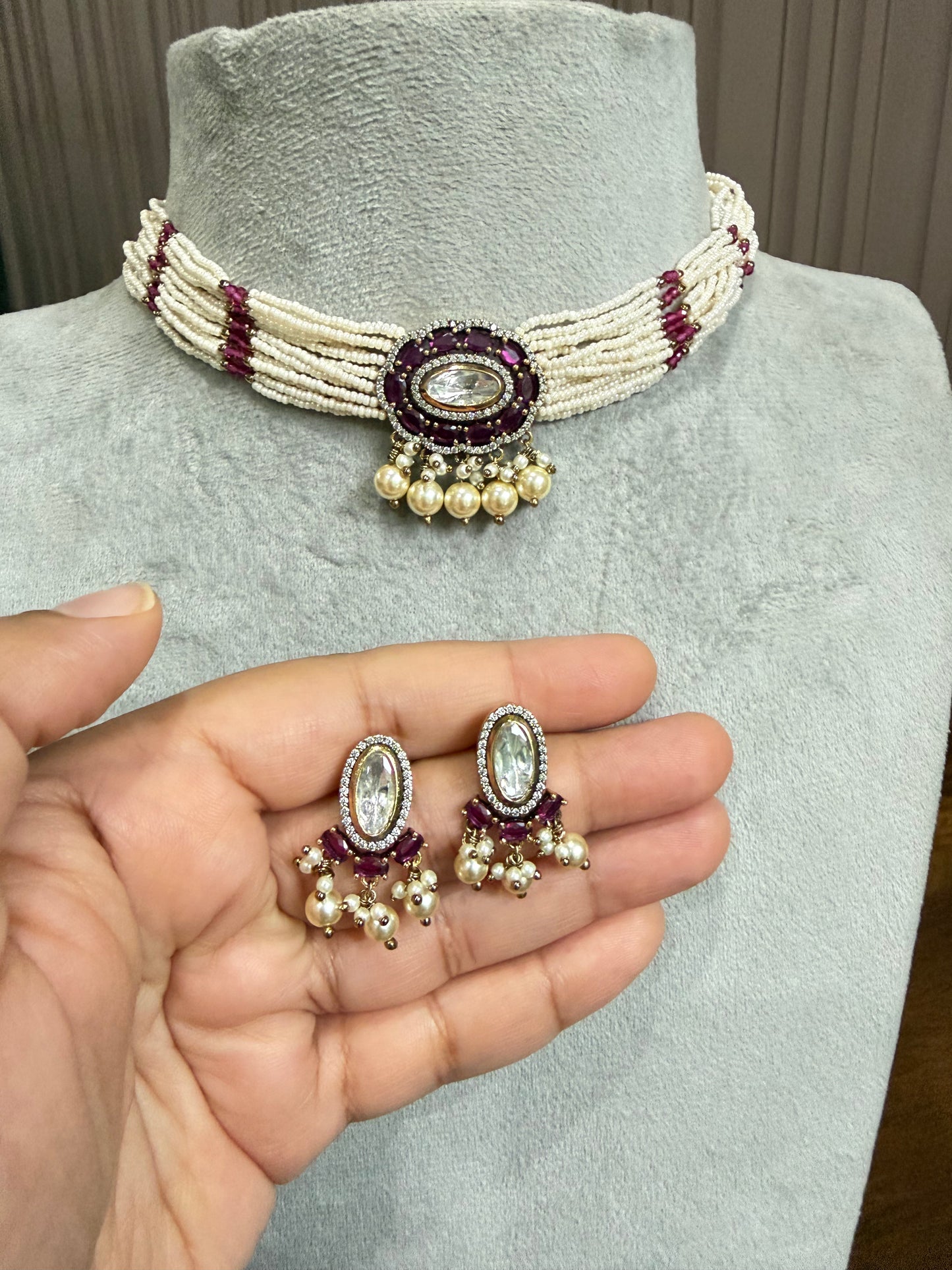 Ruhani Pink Pearl Moissanite Necklace Set
