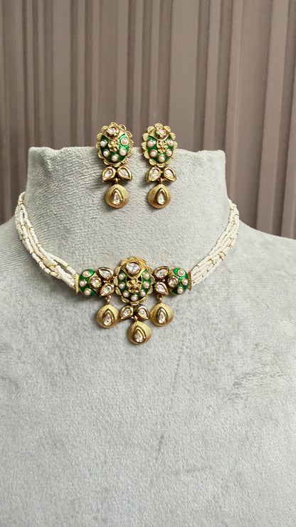 Meher Green Pearl Kundan Necklace Set