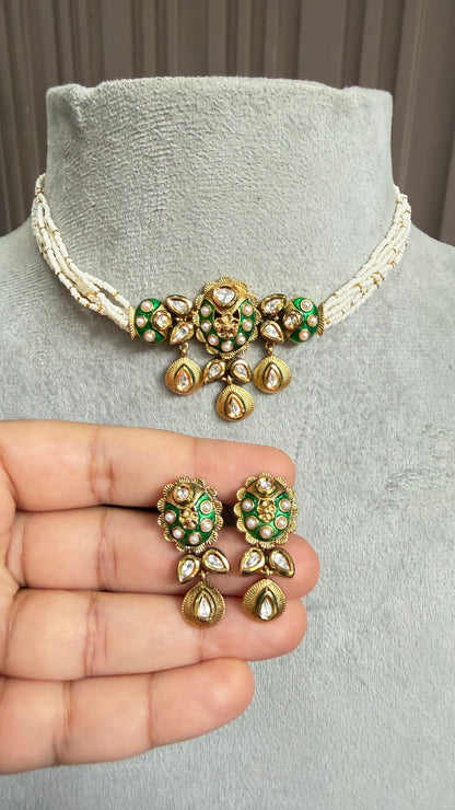 Meher Green Pearl Kundan Necklace Set
