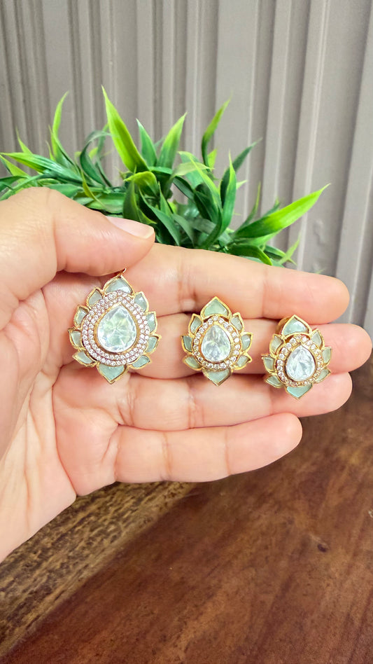 Aarna Mint Lotus Moissanite Pendant Set