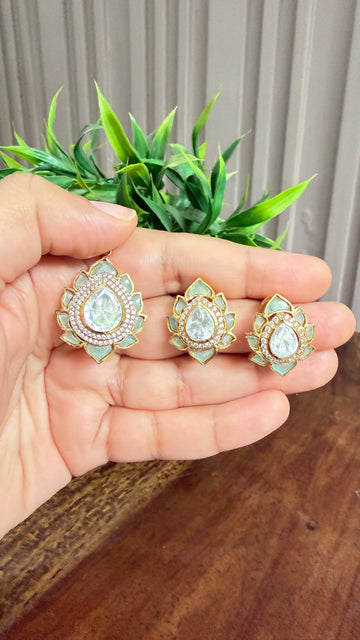 Aarna Mint Lotus Moissanite Pendant Set