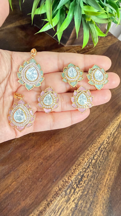 Aarna Mint Lotus Moissanite Pendant Set