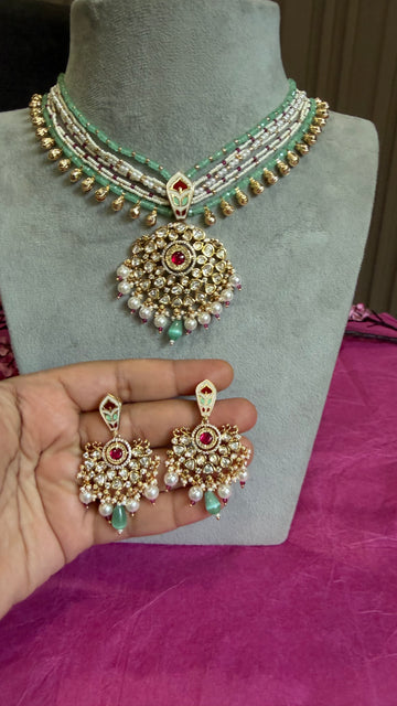 Avika Ruby Mint Pearl Moissanite Necklace Set