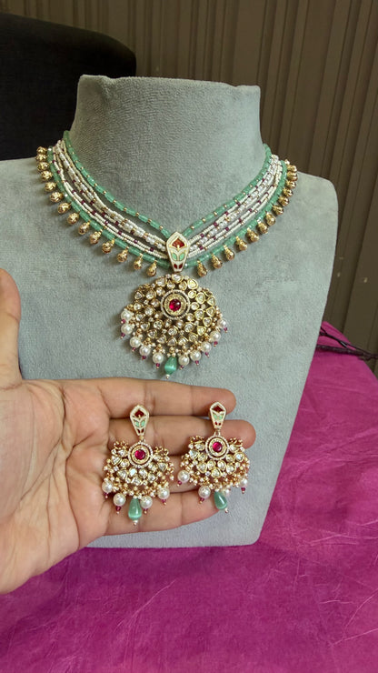 Avika Ruby Mint Pearl Moissanite Necklace Set