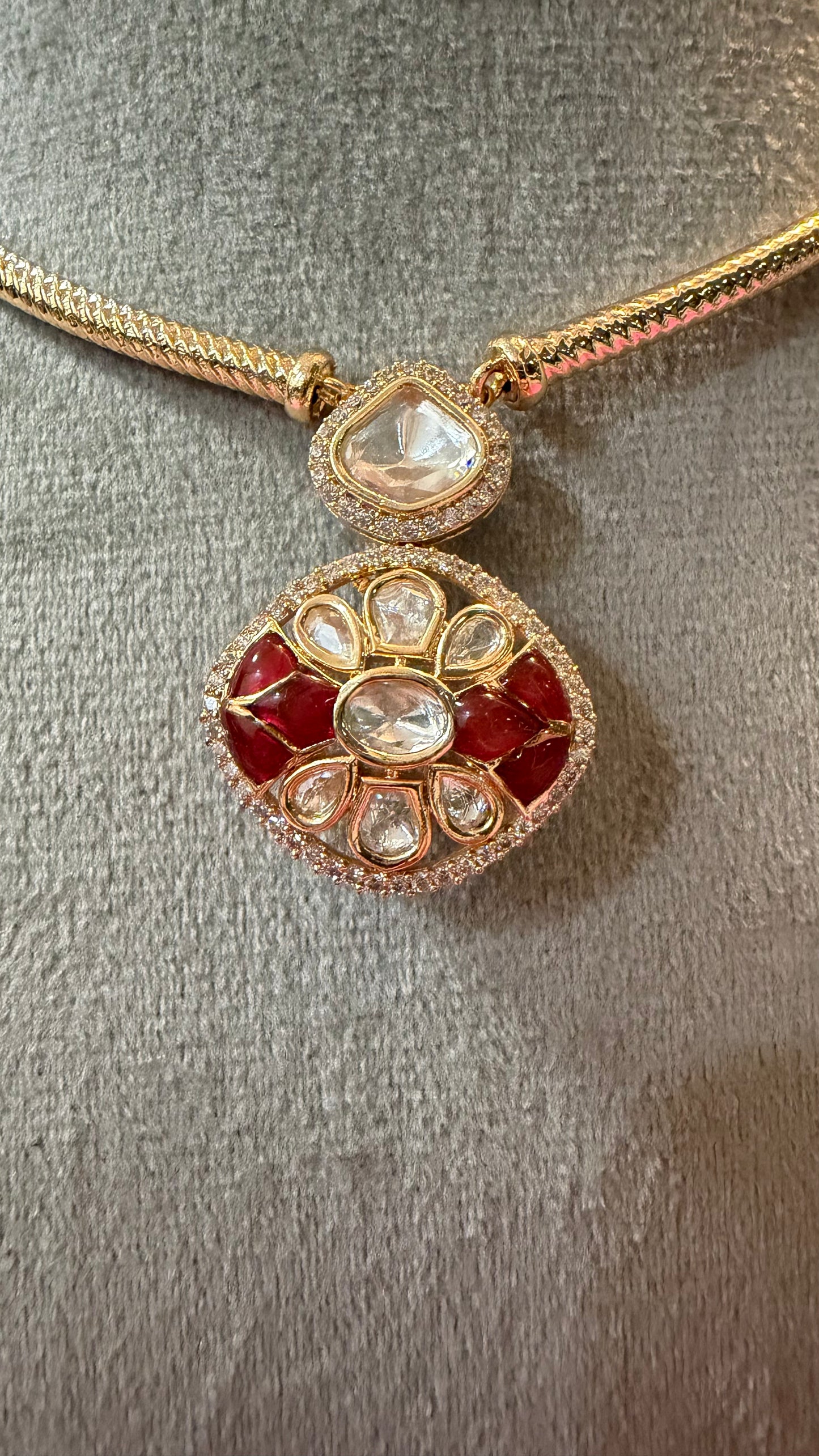 Aadhira Ruby Floral Moissanite Hasli Necklace Set