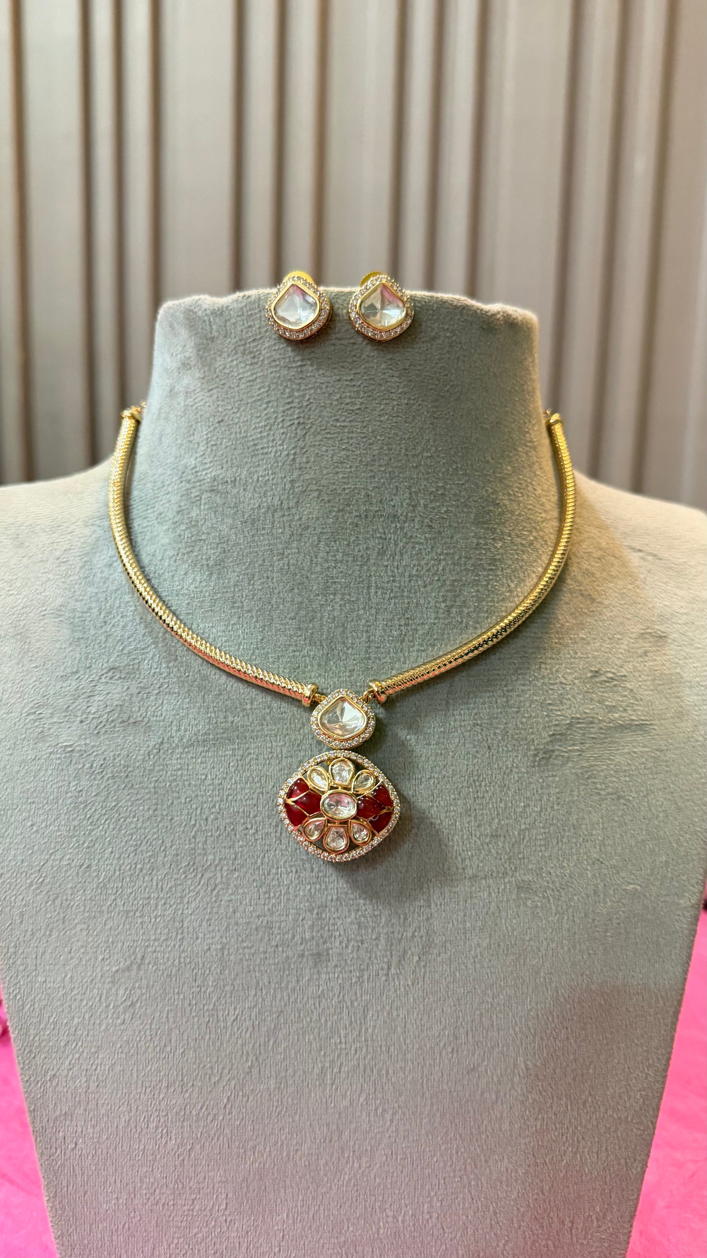 Aadhira Ruby Floral Moissanite Hasli Necklace Set