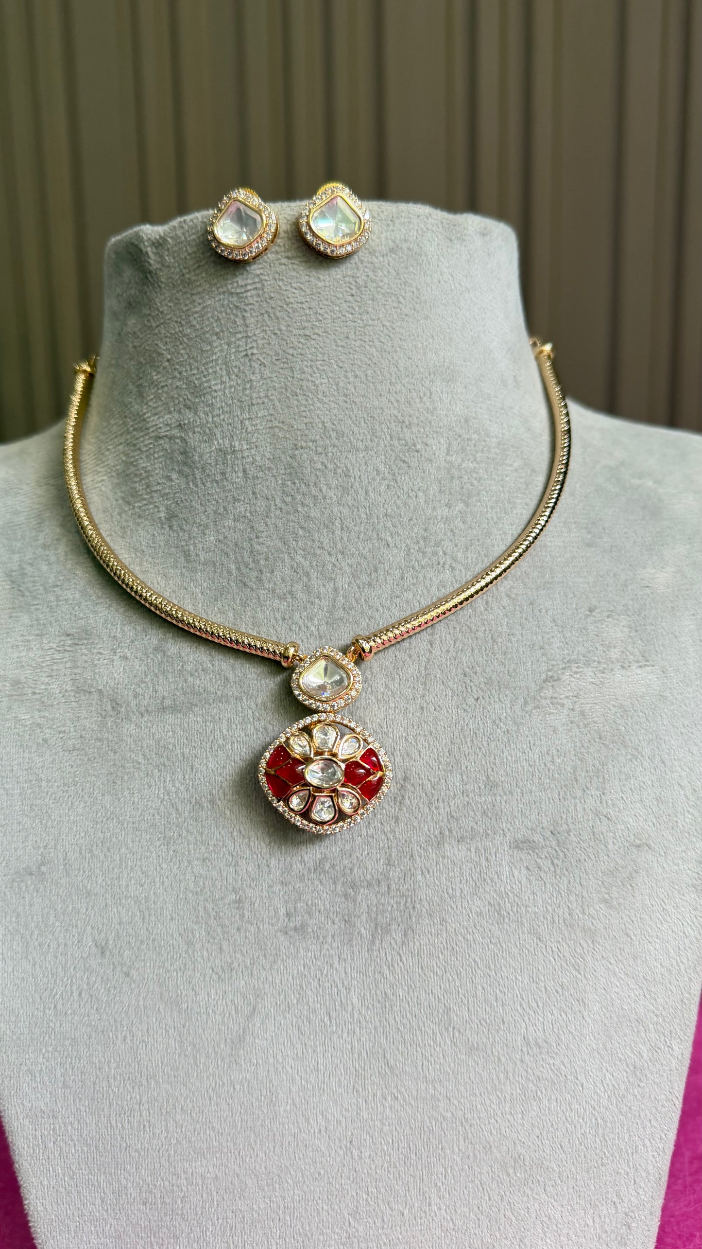 Aadhira Ruby Floral Moissanite Hasli Necklace Set