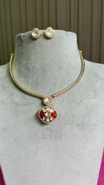 Aadhira Ruby Floral Moissanite Hasli Necklace Set
