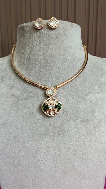 Aadhira Emerald Floral Moissanite Hasli Necklace Set