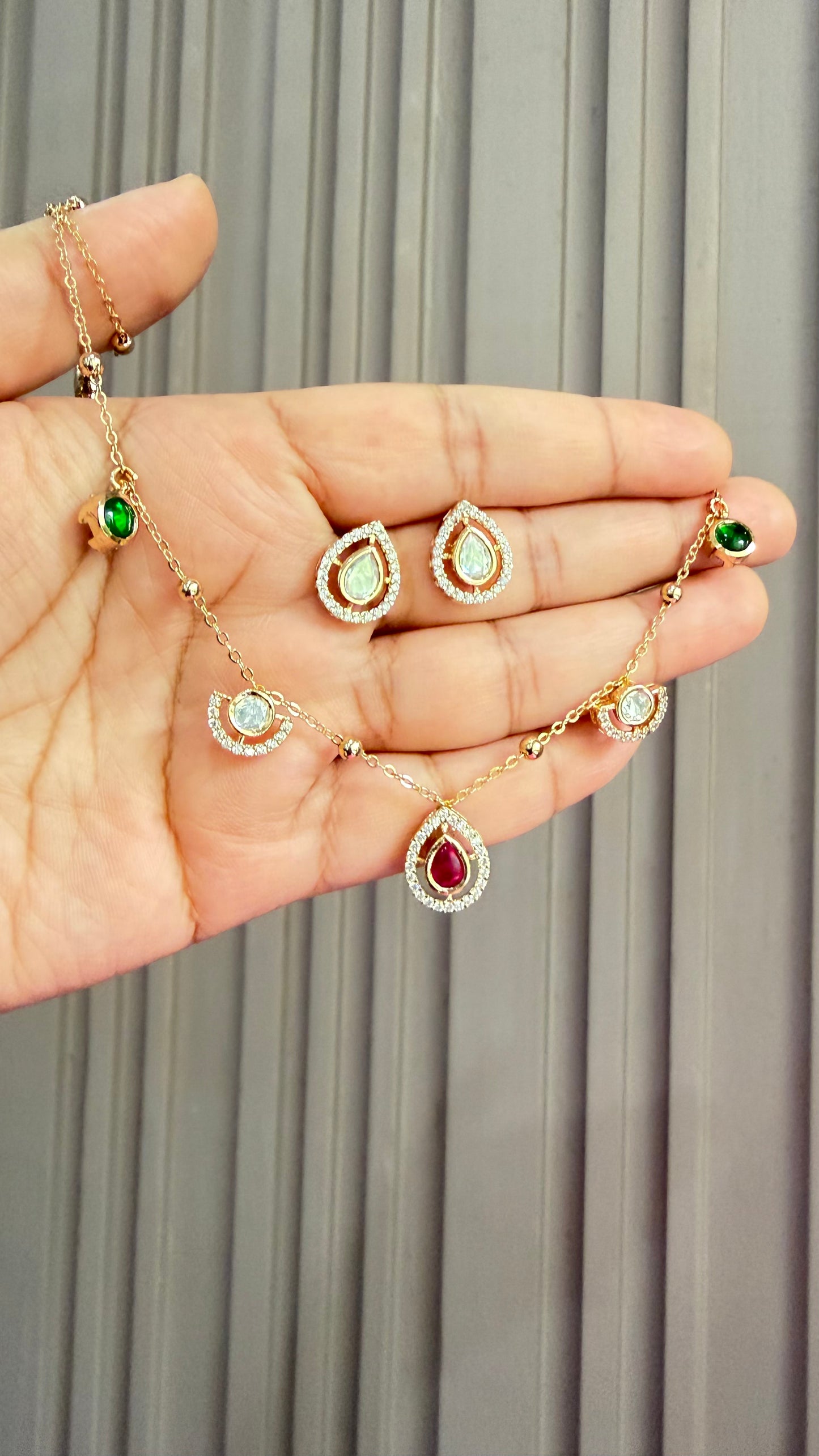 Kiara Ruby Emerald Moissanite Drop Necklace Set