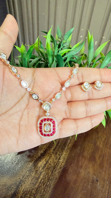 Aarohi Ruby Moissanite Minimal Necklace Set