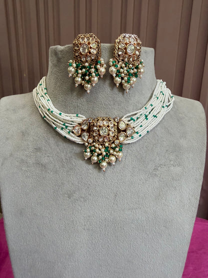 Meher Emerald Pearl Moissanite Necklace Set