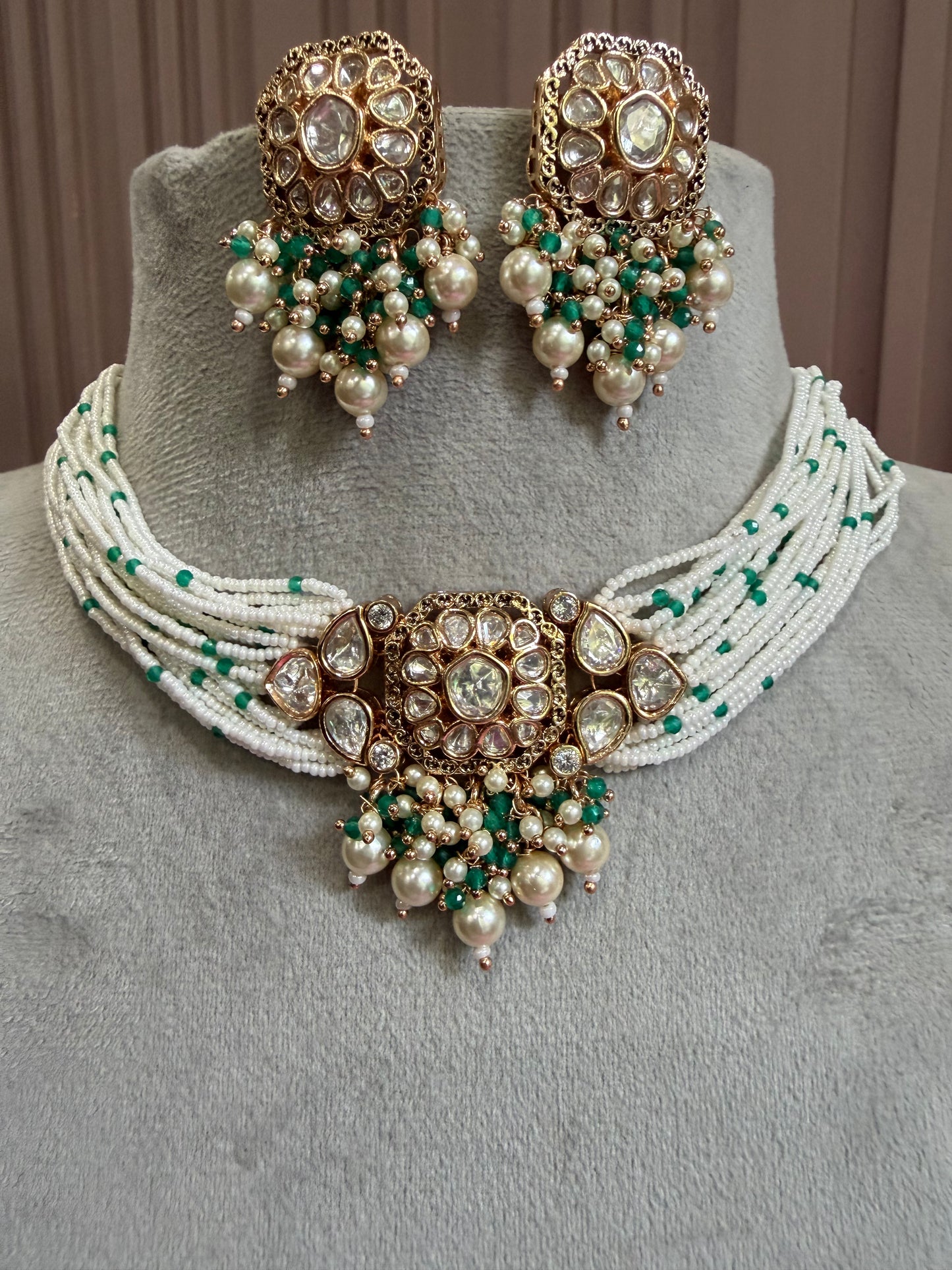 Meher Emerald Pearl Moissanite Necklace Set