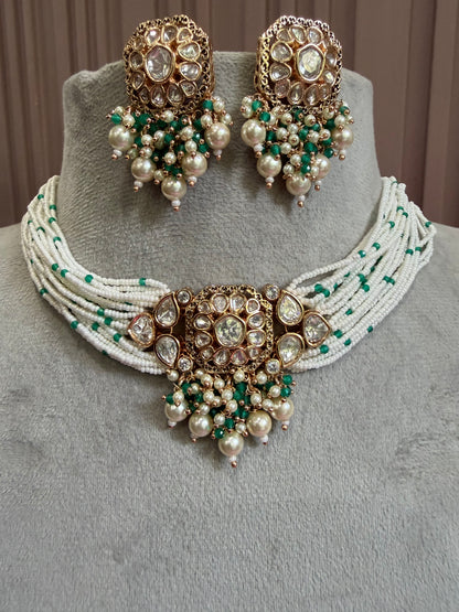 Meher Emerald Pearl Moissanite Necklace Set